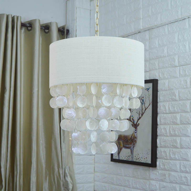 Tassel Shell Hanging Chandelier Retro 3 Heads White Ceiling Pendant Light with Drum Fabric Shade for Living Room