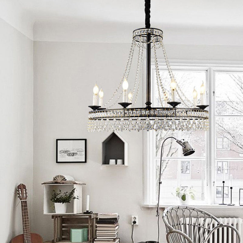 Black Round Chandelier Lamp Nordic Crystal 4/6/8 Heads Pendant Lighting Fixture for Living Room