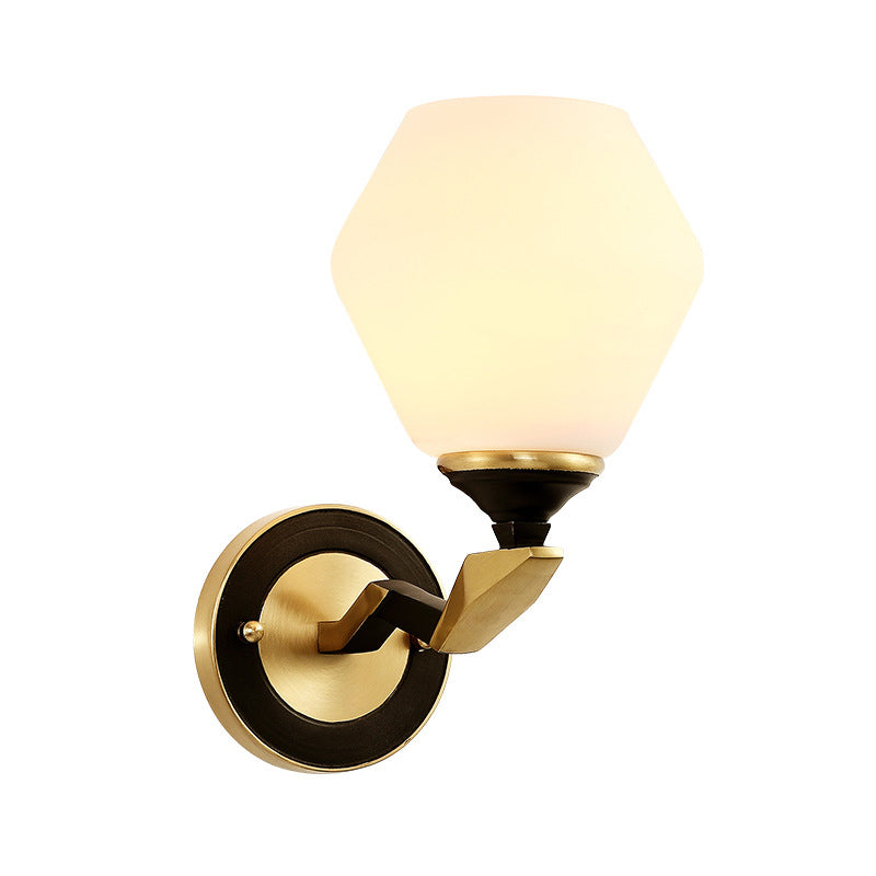 Black-Gold 1/2-Light Wall Light Antique Ivory Glass Geometric Sconce Light with Swooping Arm for Bedroom