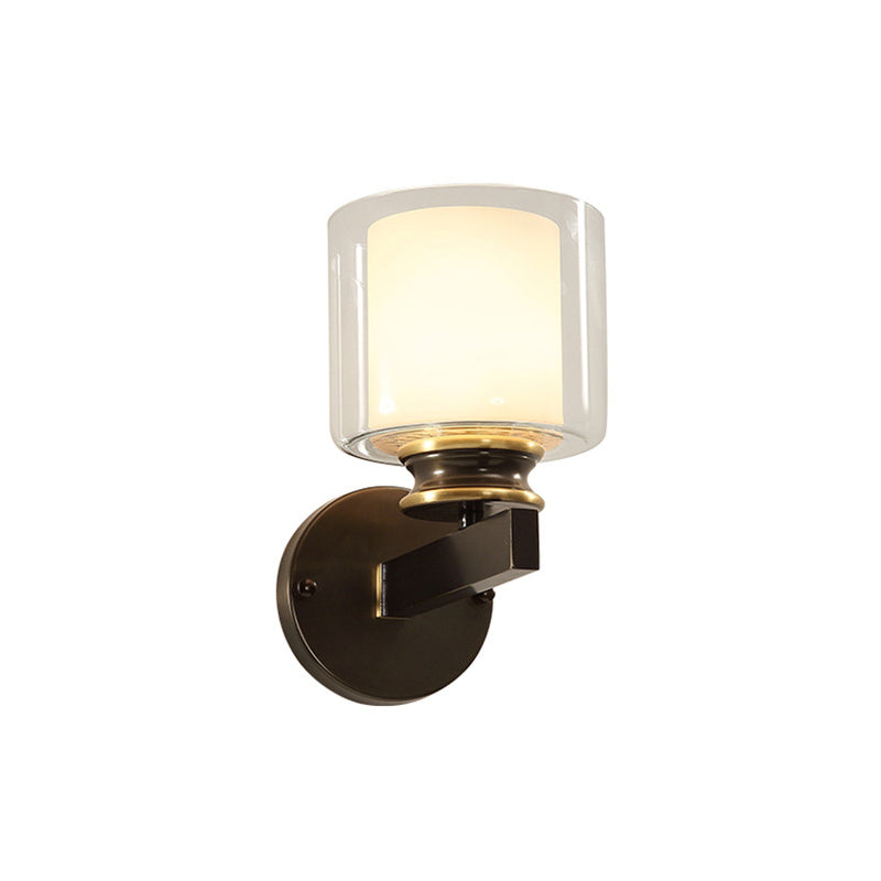 Black 1-Light Wall Mounted Light Traditional Metal Cylinder Wall Sconce with Double-Tier Glass Shade for Bedroom