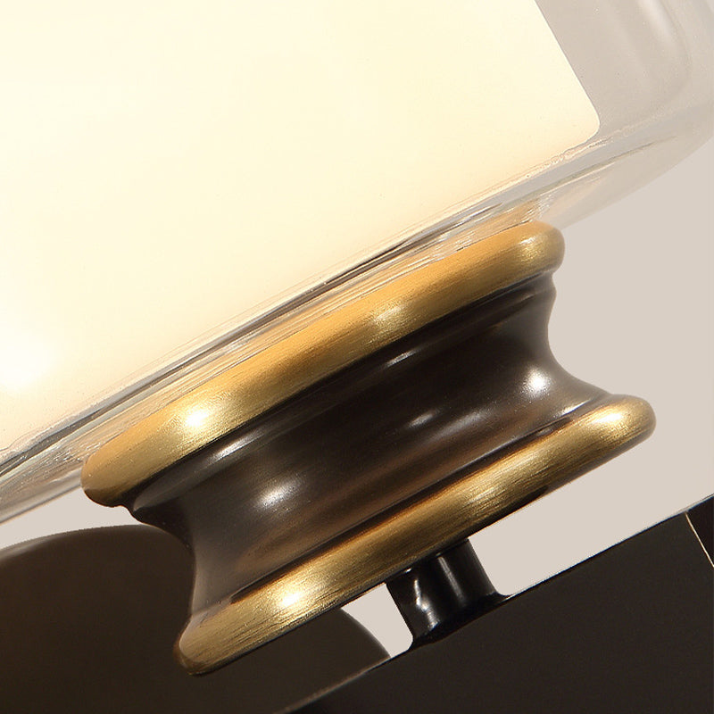 Black 1-Light Wall Mounted Light Traditional Metal Cylinder Wall Sconce with Double-Tier Glass Shade for Bedroom