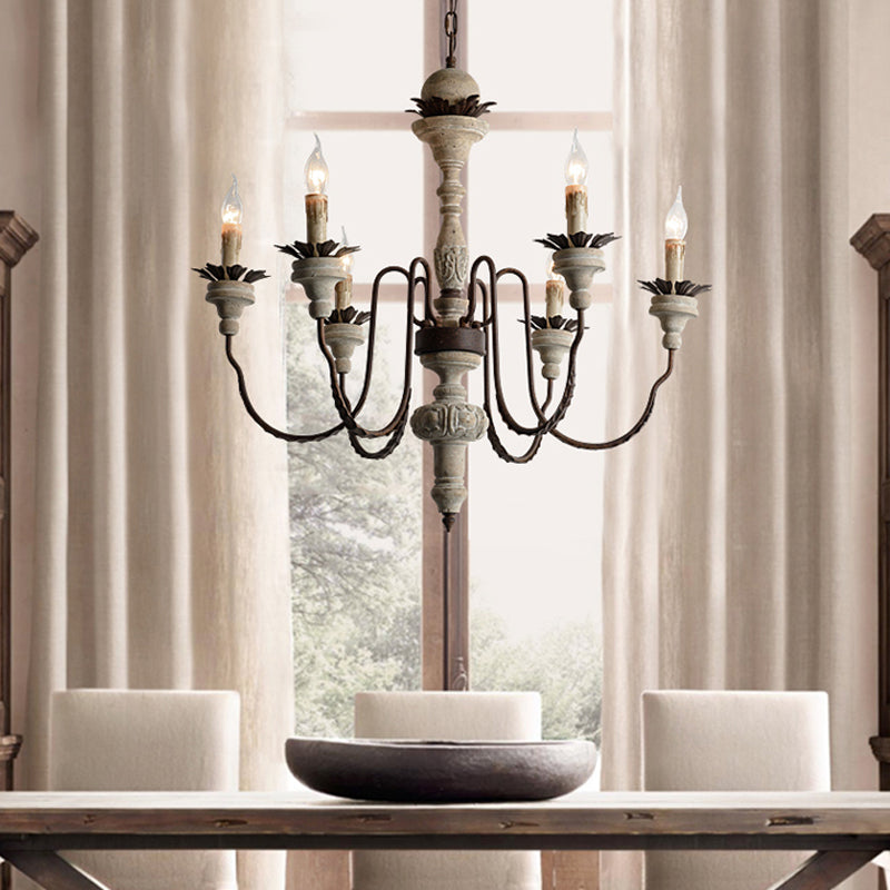 6 Bulbs Starburst Ceiling Chandelier Traditional Wood Suspended Lighting Fixture in Grey