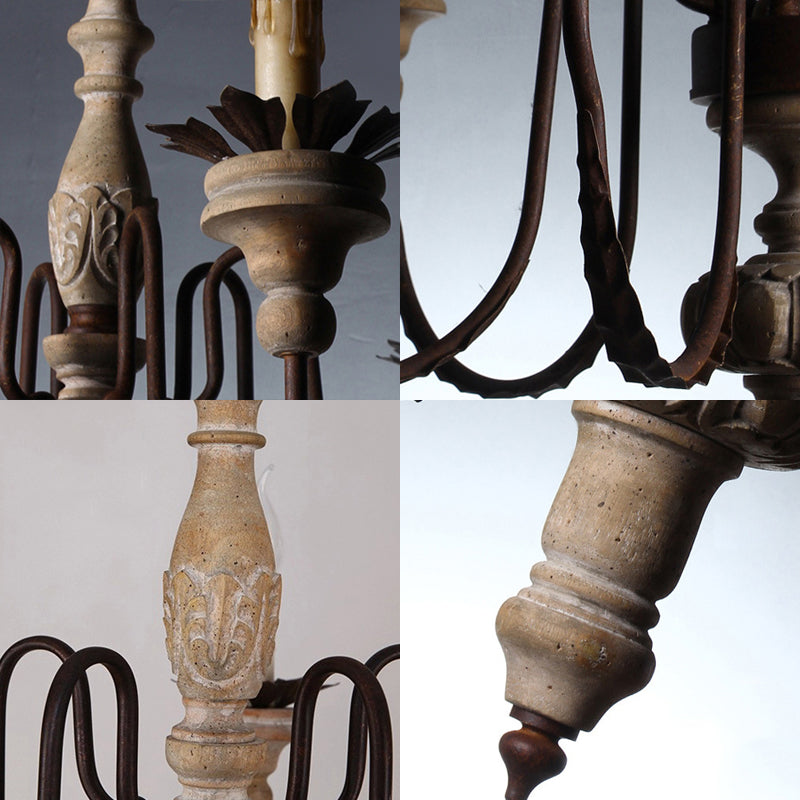 6 Bulbs Starburst Ceiling Chandelier Traditional Wood Suspended Lighting Fixture in Grey