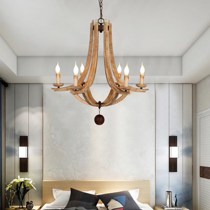 Rustic Laser-Cut Hanging Chandelier Wood 6 Bulbs Suspension Light in Beige for Bedroom