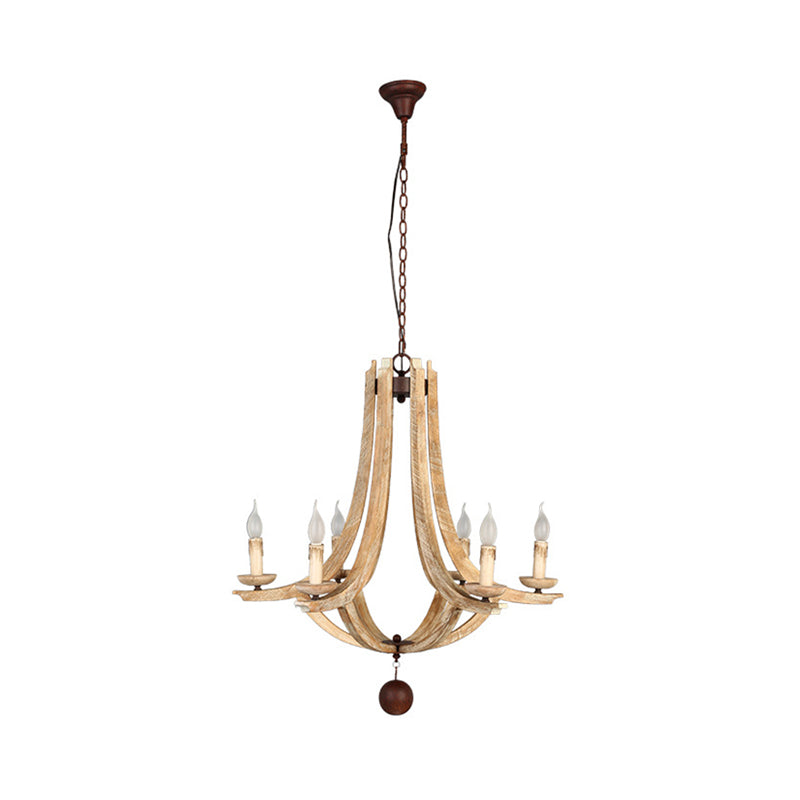 Rustic Laser-Cut Hanging Chandelier Wood 6 Bulbs Suspension Light in Beige for Bedroom