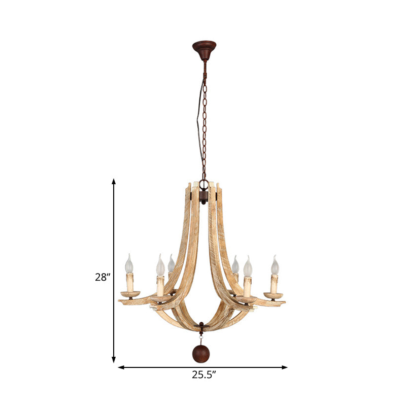 Rustic Laser-Cut Hanging Chandelier Wood 6 Bulbs Suspension Light in Beige for Bedroom