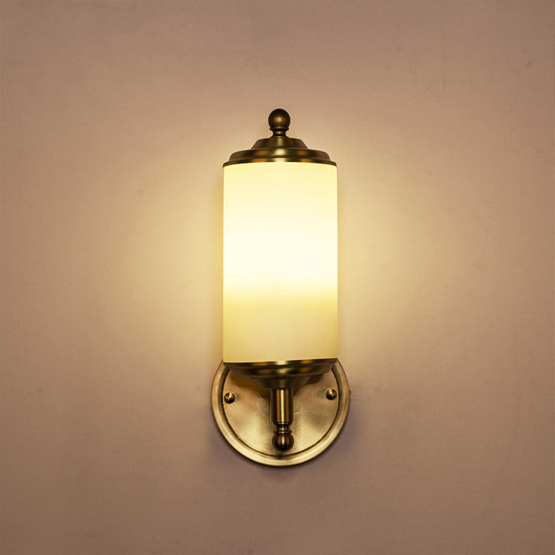 Brass Cylindrical Light Light Retro Retro Milky Glass Shade 1 Light Foyer Wall Lampe With Clean Ligned