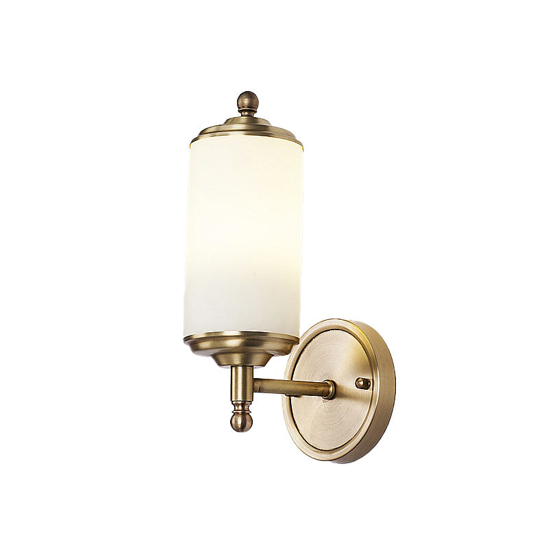 Brass Cylindrical Sconce Light Retro Milky Glass Shade 1-Light Foyer Wall Lamp with Clean-Lined Arm