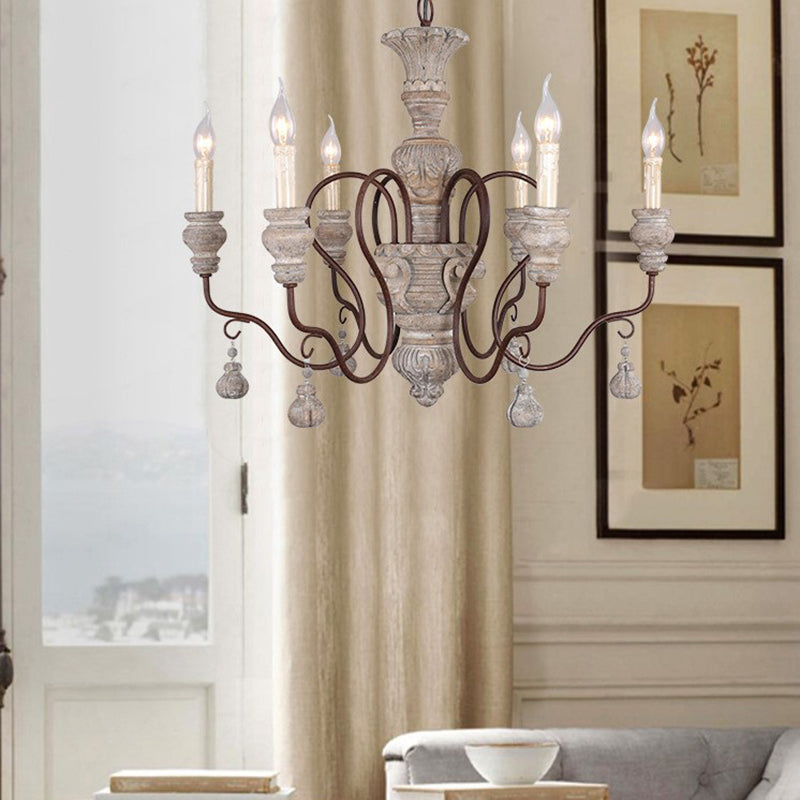 Gray and White Spur Chandelier Lighting Nordic Wood 6 Bulbs Hanging Ceiling Light for Living Room