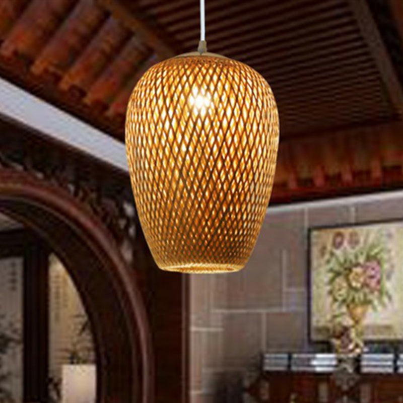 Chinese Hand-Weaving Hanging Light Bamboo 1 Head Living Room Pendulum Light in Beige
