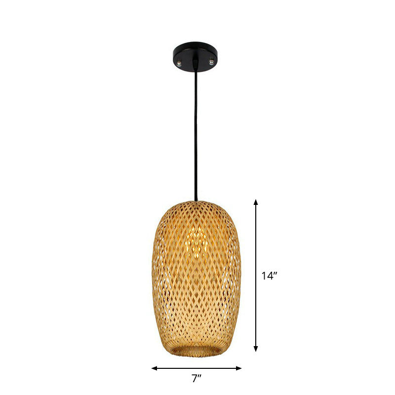 Chinese Hand-Weaving Hanging Light Bamboo 1 Head Living Room Pendulum Light in Beige