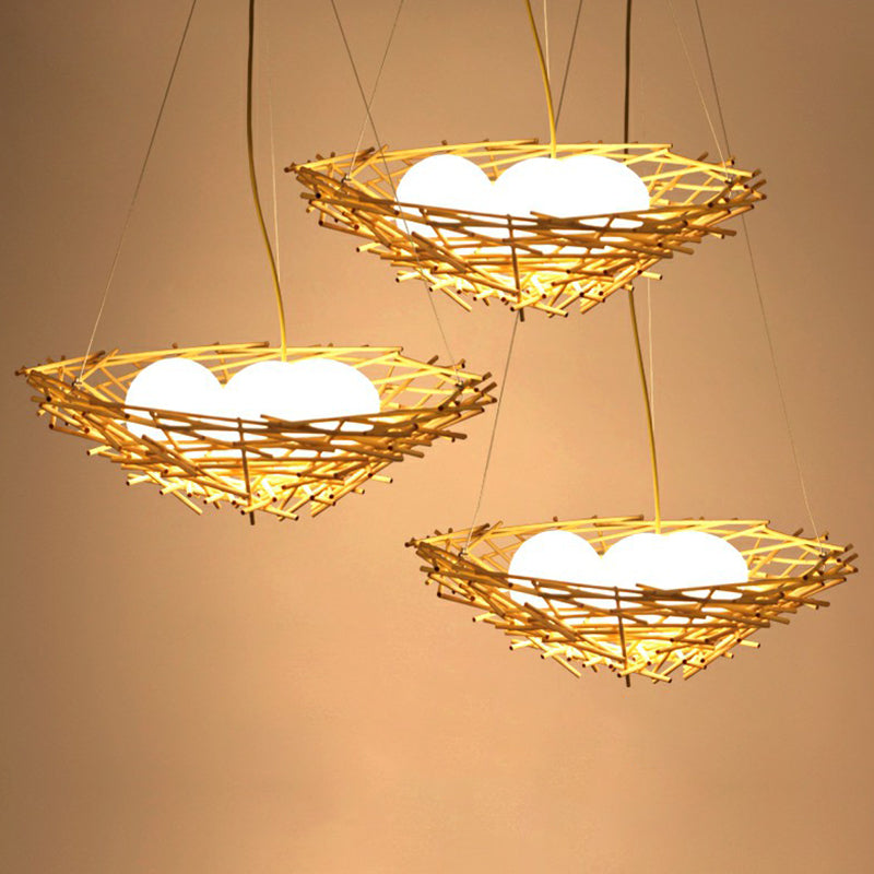 Bamboo Nest Pendant Light Rustic 3-Bulb Beige Chandelier with Egg Ivory Glass Shade