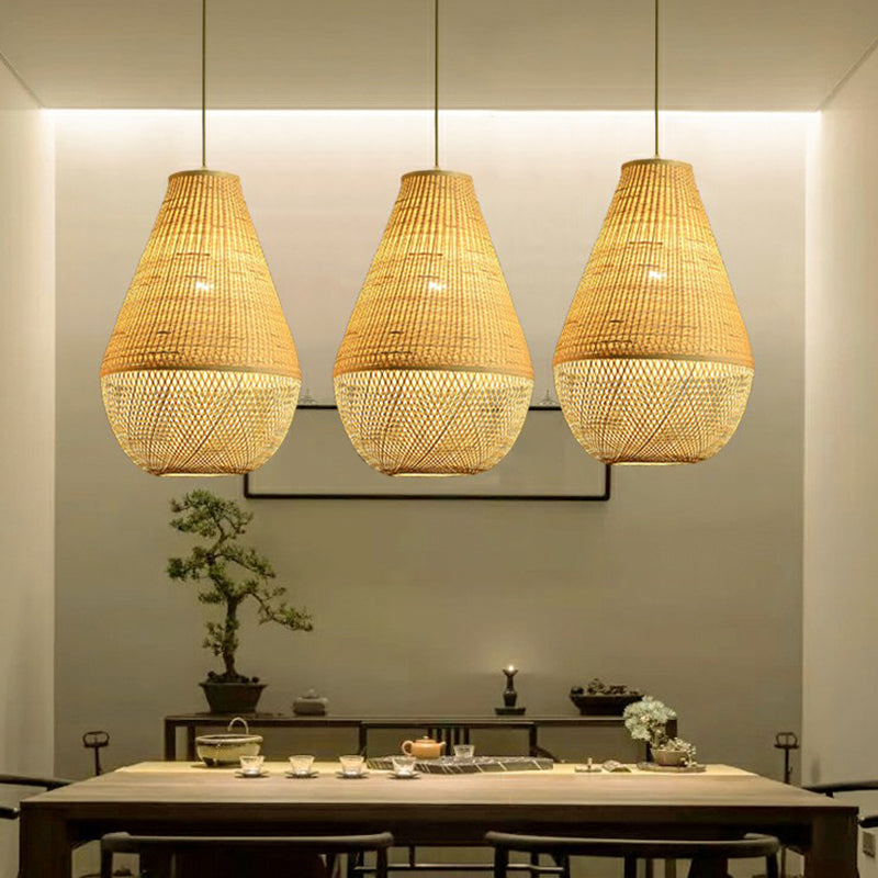 Bamboo Woven Droplet Shaped Pendant Simplicity 1-Bulb Beige Hanging Light over Table