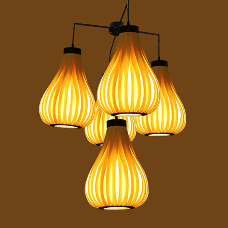 Wooden Teardrop Cluster Pendant Light Asian 3-Head Hanging Ceiling Light for Restaurant
