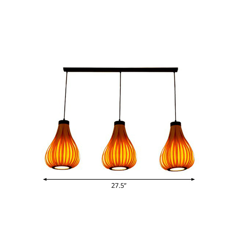 Wooden Teardrop Cluster Pendant Light Asian 3-Head Hanging Ceiling Light for Restaurant