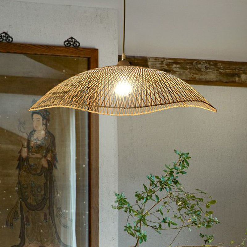 Wellenkante-Suspensionsbeleuchtung asiatischer Bambus 1-Bulb Schlafzimmer Anhänger Licht in Beige