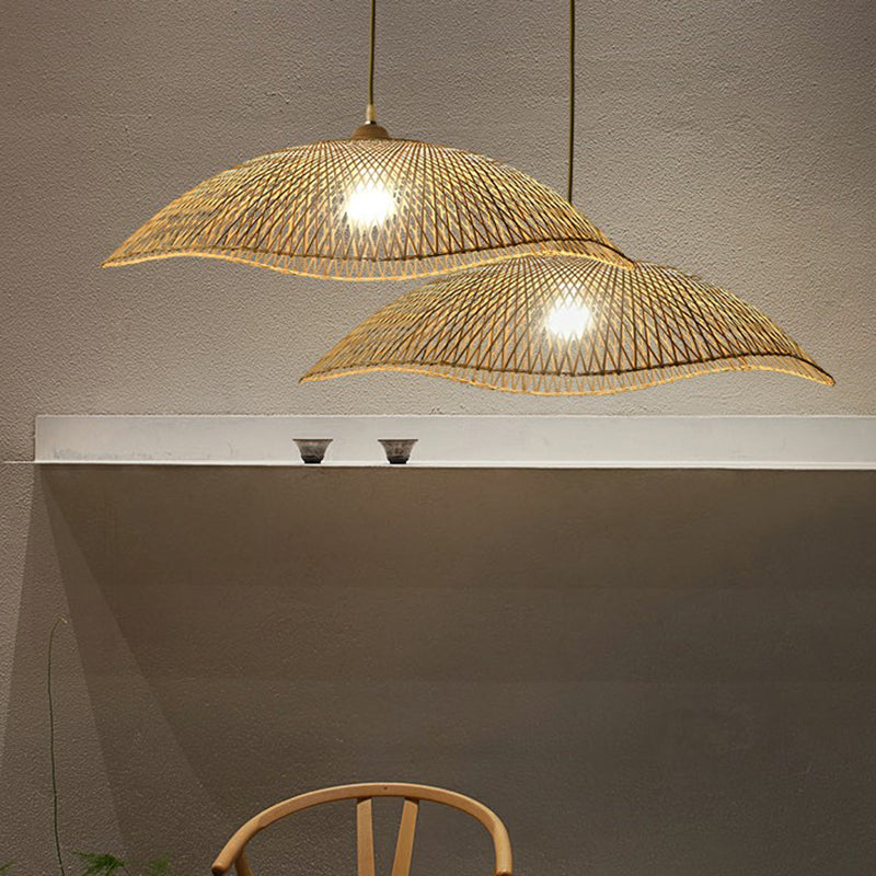 Wellenkante-Suspensionsbeleuchtung asiatischer Bambus 1-Bulb Schlafzimmer Anhänger Licht in Beige