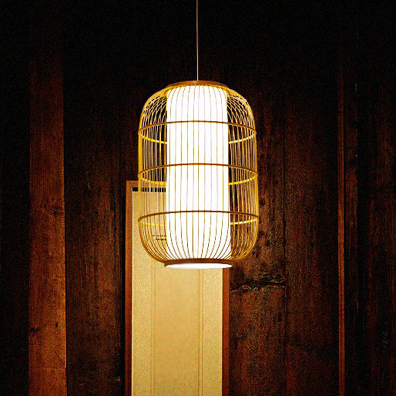 Cage Style Bamboo Pendant Ceiling Light Chinese 1 Bulb Beige Hanging Light for Tearoom