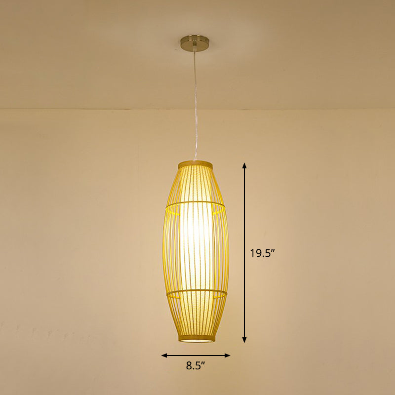 Cage Style Bamboo Pendant Ceiling Light Chinese 1 Bulb Beige Hanging Light for Tearoom
