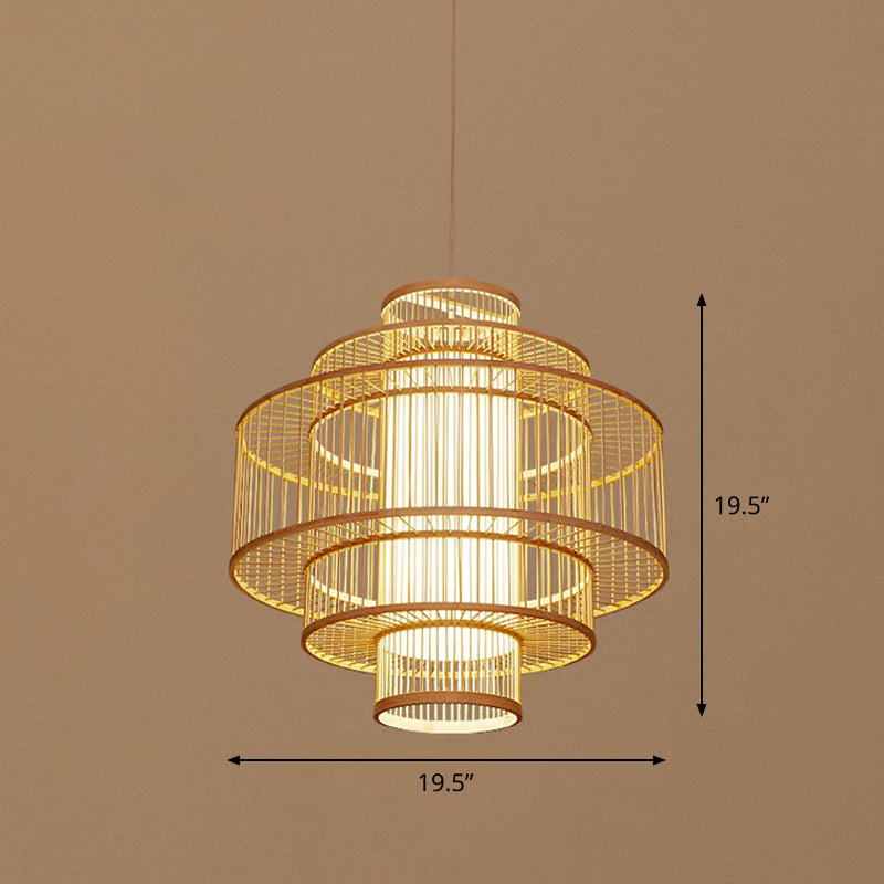 Cage Style Bamboo Pendant Ceiling Light Chinese 1 Bulb Beige Hanging Light for Tearoom