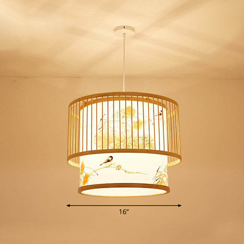 Cage Style Bamboo Pendant Ceiling Light Chinese 1 Bulb Beige Hanging Light for Tearoom