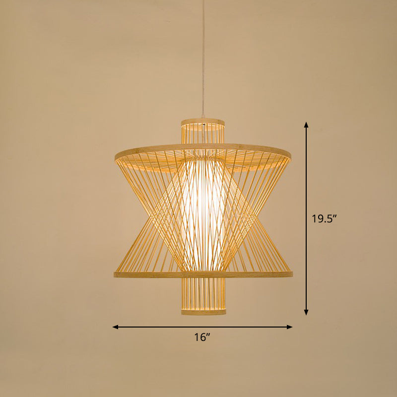 Cage Style Bamboo Pendant Ceiling Light Chinese 1 Bulb Beige Hanging Light for Tearoom