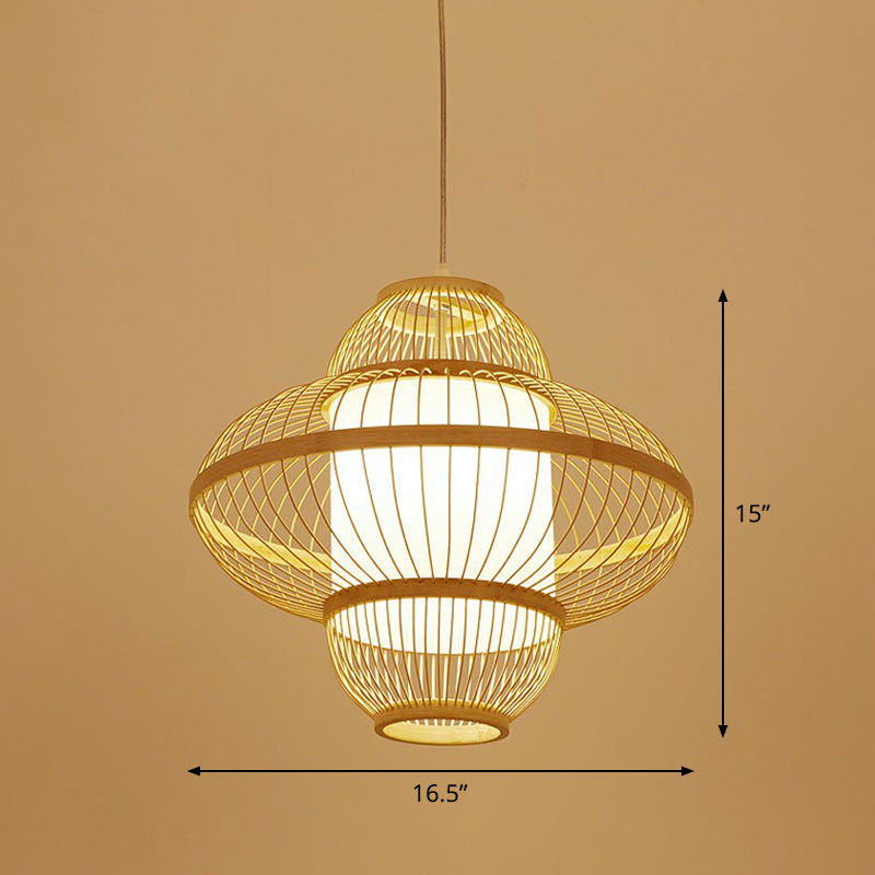Cage Style Bamboo Pendant Ceiling Light Chinese 1 Bulb Beige Hanging Light for Tearoom