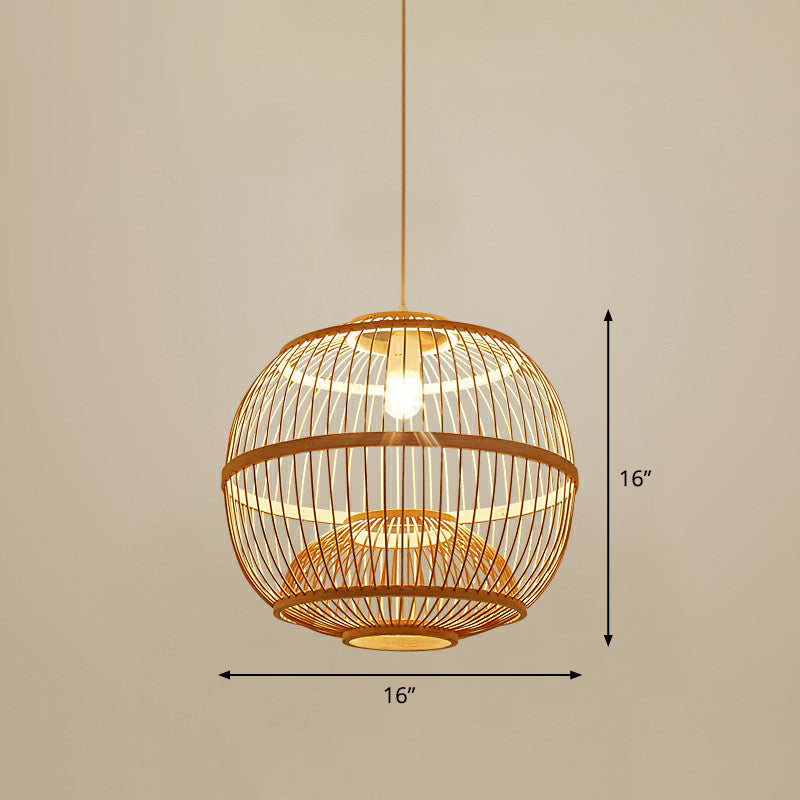 Cage Style Bamboo Pendant Ceiling Light Chinese 1 Bulb Beige Hanging Light for Tearoom