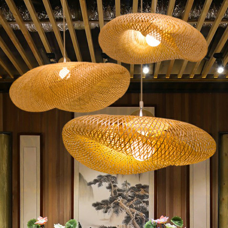 Beige Geometric Hanging Pendant Light Asia 1-Light Bamboo Suspension Lighting Fixture
