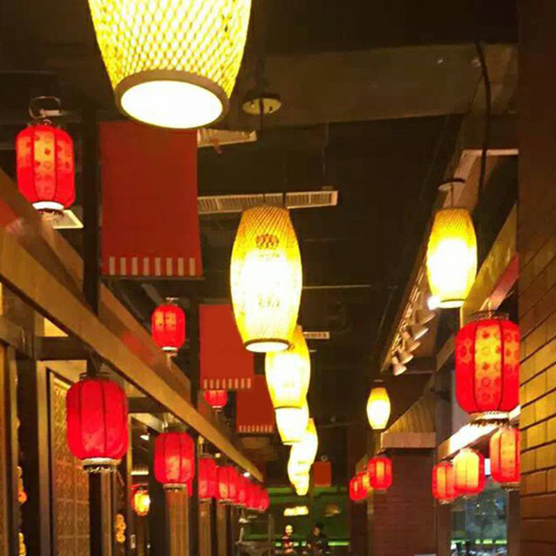 1-Light Corridor Hanging Lighting Chinese Wood Pendant Lamp with Elliptical Bamboo Shade