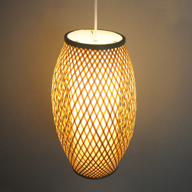 1-Light Corridor Hanging Lighting Chinese Wood Pendant Lamp with Elliptical Bamboo Shade
