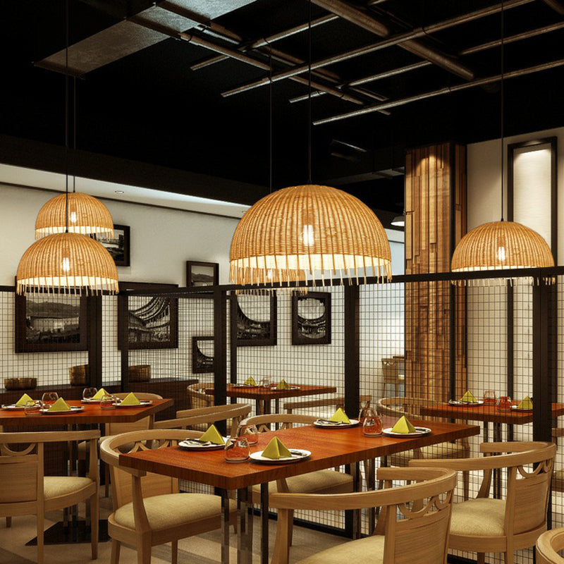 Minimalist 1 Head Down Lighting Wood Unfinished-Look Dome Pendant Light with Bamboo Shade