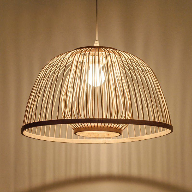 Wood Domed Ceiling Hang Light Modern 1 Head Bamboo Suspension Lamp with Cage Inner
