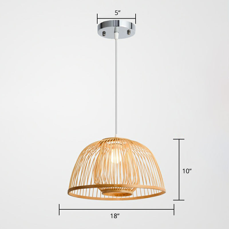 Wood Domed Ceiling Hang Light Modern 1 Head Bamboo Suspension Lamp with Cage Inner