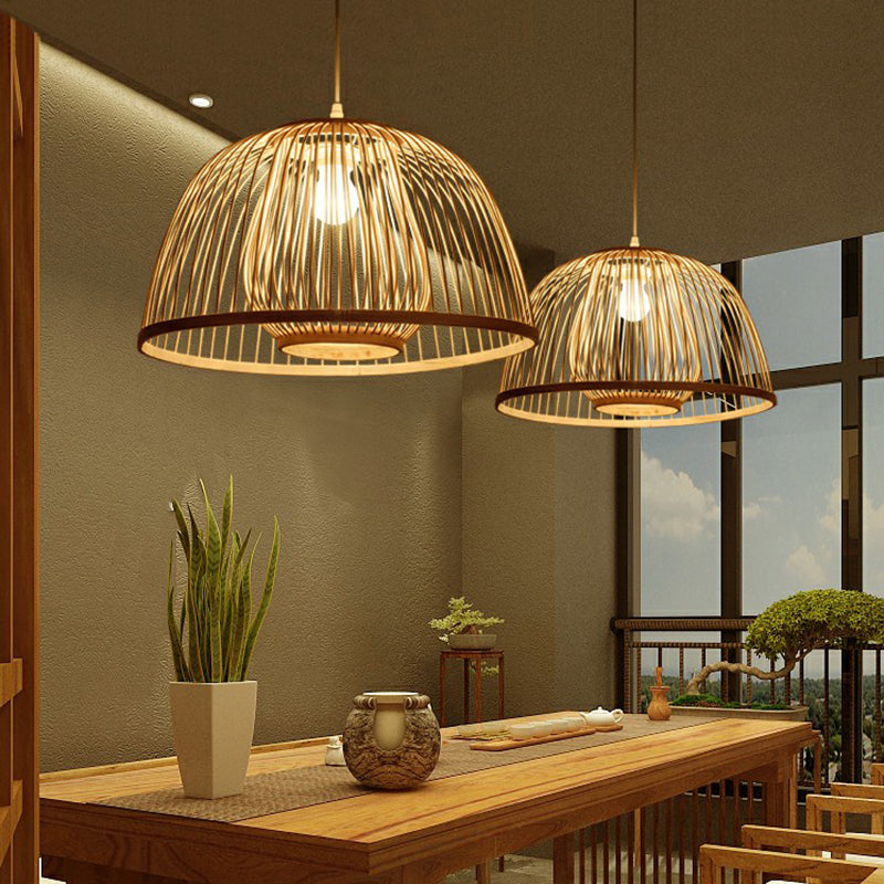Wood Domed Ceiling Hang Light Modern 1 Head Bamboo Suspension Lamp with Cage Inner