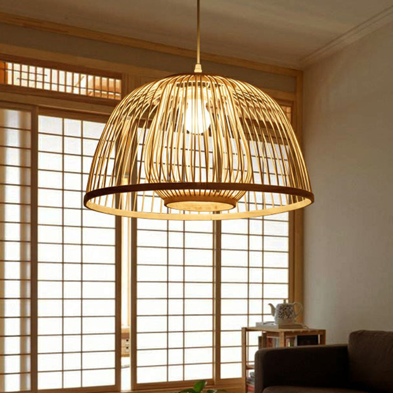 Wood Domed Ceiling Hang Light Modern 1 Head Bamboo Suspension Lamp with Cage Inner