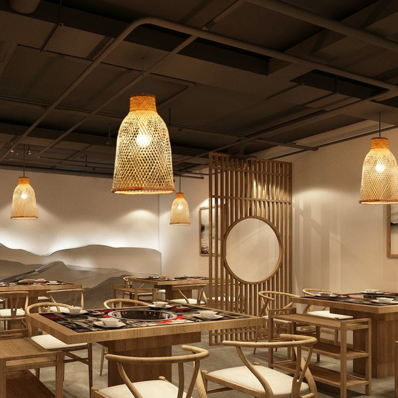 Criss-Crossed Woven Bamboo Pendant Light Minimalist 1-Light Restaurant Hanging Light in Wood
