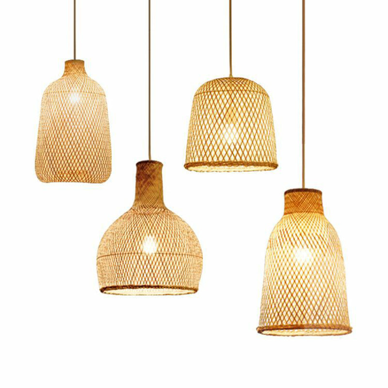 Criss-Crossed Woven Bamboo Pendant Light Minimalist 1-Light Restaurant Hanging Light in Wood