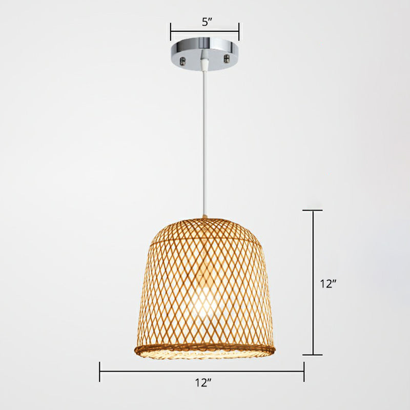 Criss-Crossed Woven Bamboo Pendant Light Minimalist 1-Light Restaurant Hanging Light in Wood