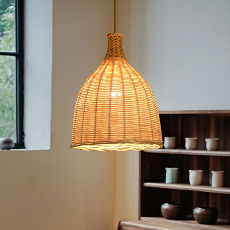 Asia 1 Bulb Down Lighting Pendant Beige Droplet-Like Hanging Lamp with Bamboo Shade