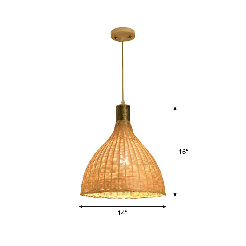 Asia 1 Bulb Down Lighting Pendant Beige Droplet-Like Hanging Lamp with Bamboo Shade