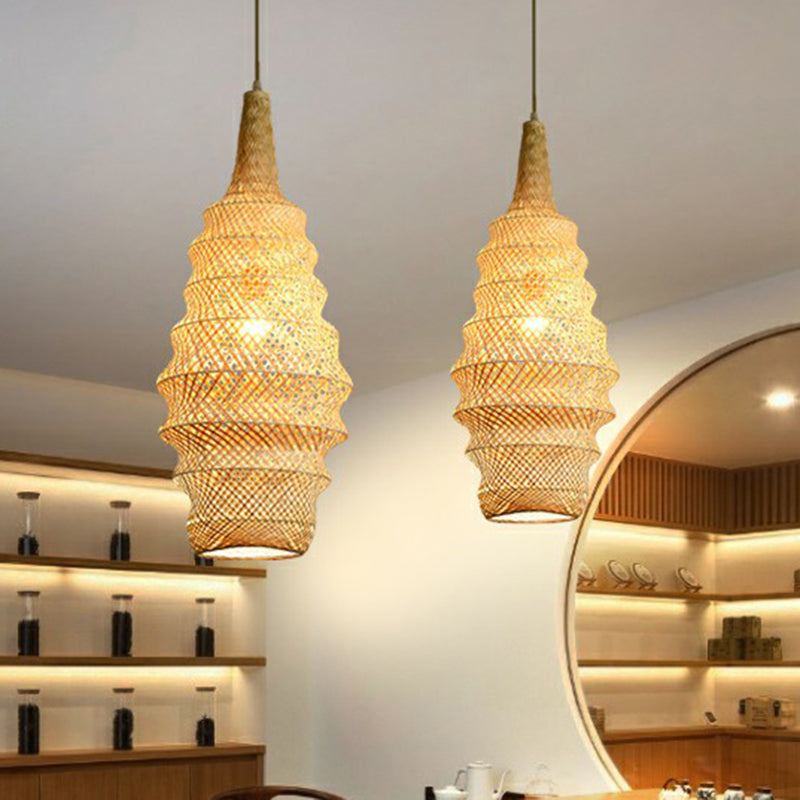 Bamboo Cage Pendant Light Fixture Asia 1-Head Wood Suspension Lighting for Restaurant