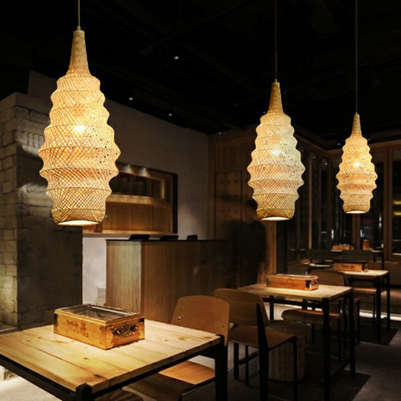 Bamboo Cage Pendant Light Fixture Asia 1-Head Wood Suspension Lighting for Restaurant