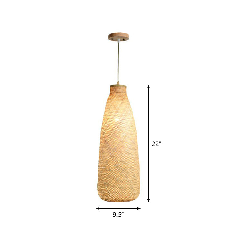 Asia Weaving Pendant Light Fixture Bamboo 1 Bulb Restaurant Ceiling Hang Lamp in Beige