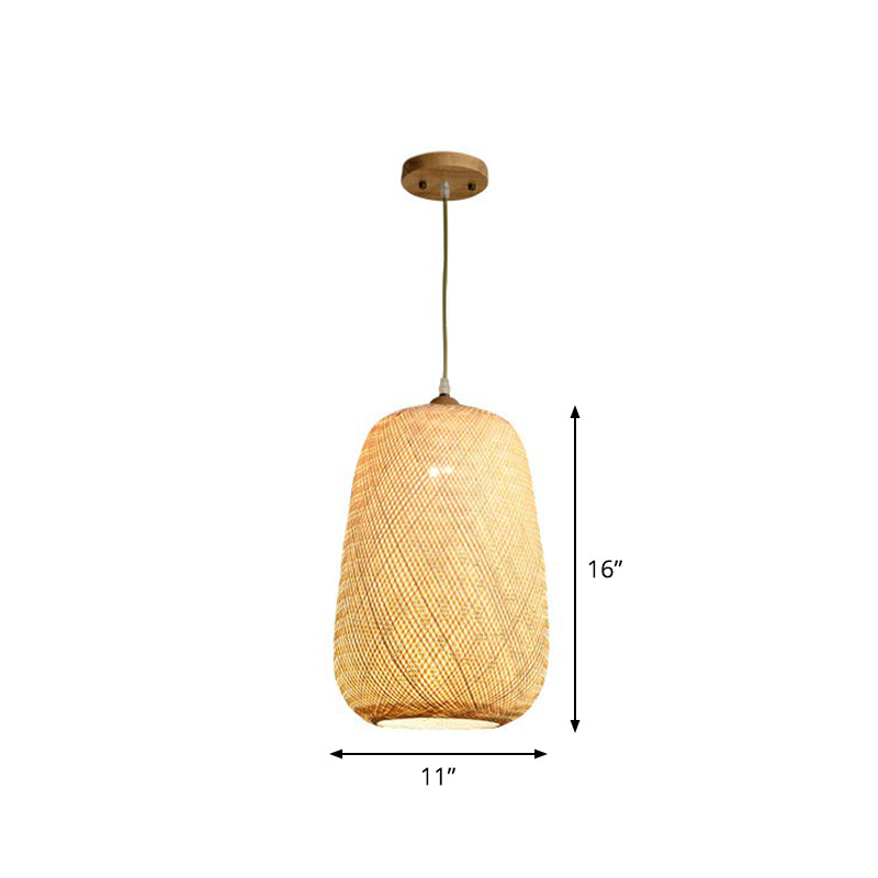 Asia Weaving Pendant Light Fixture Bamboo 1 Bulb Restaurant Ceiling Hang Lamp in Beige
