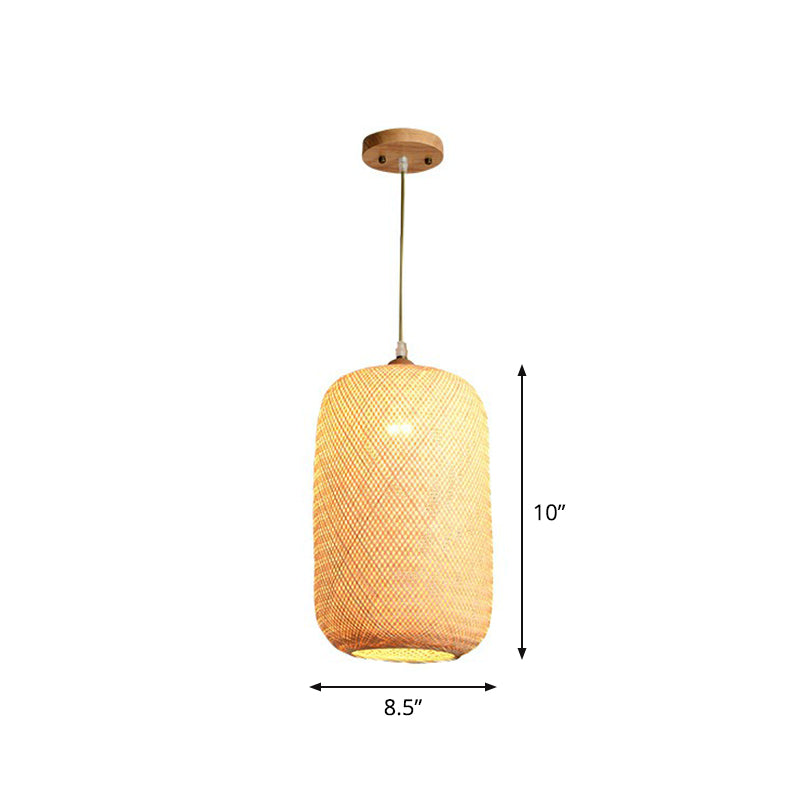 Asia Weaving Pendant Light Fixture Bamboo 1 Bulb Restaurant Ceiling Hang Lamp in Beige