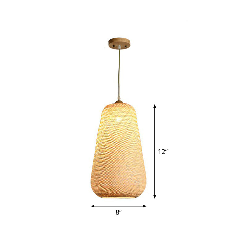 Asia Weaving Pendant Light Fixture Bamboo 1 Bulb Restaurant Ceiling Hang Lamp in Beige