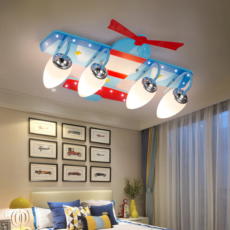 Cartoon Pro Plane Flush Mounted Light Wooden 4 Lights Child Bedroom Flush Mount Ceiling Fixture in Blue