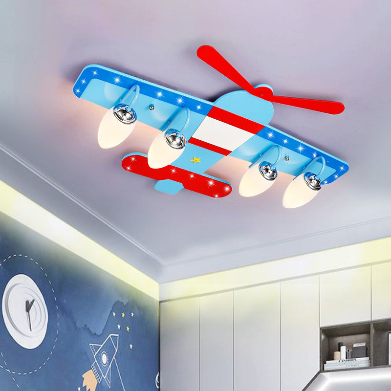 Cartoon Pro Plane Flush Mounted Light Wooden 4 Lights Child Bedroom Flush Mount Ceiling Fixture in Blue