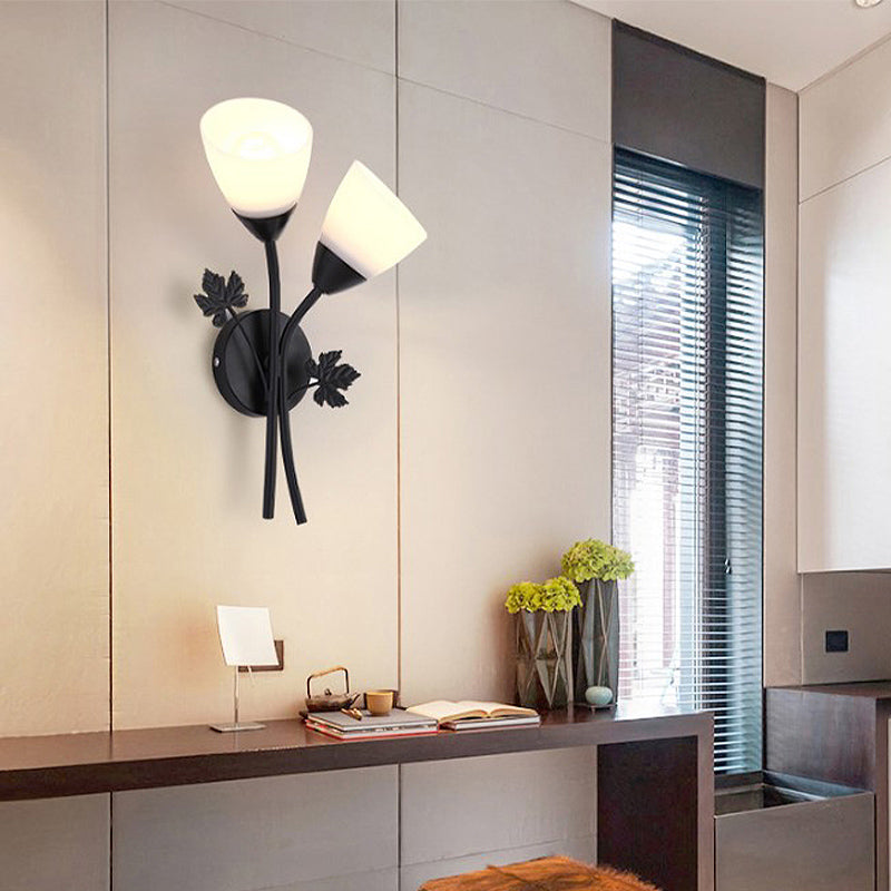 Bol en verre givré Conce contemporain 1/2-Light Hall Hall Mur Mount luminaire avec décor en forme de feuilles en noir / or